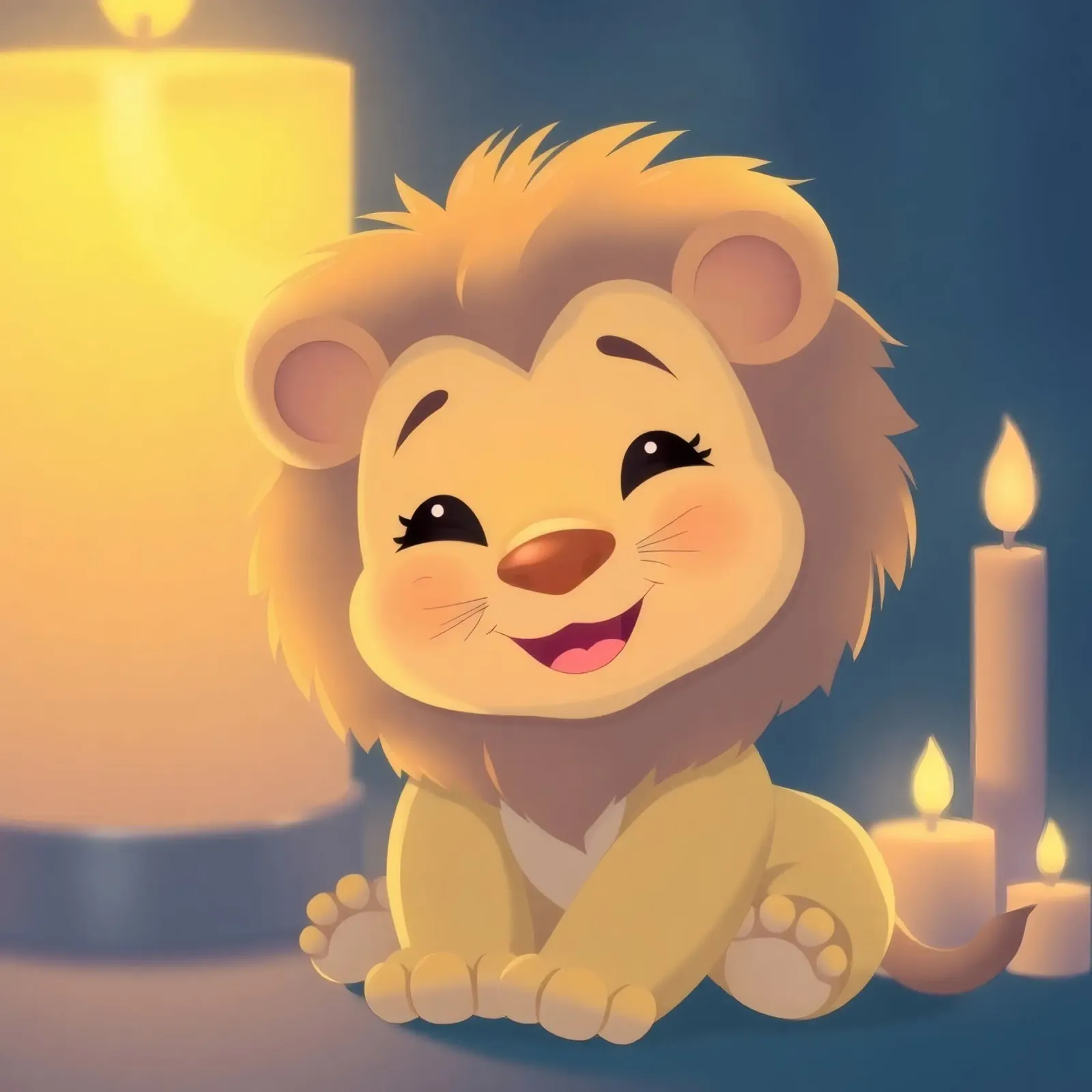 Cute animierte Löwenbaby sitzt in der Nähe glühenden Kerzen Nacht Poster mit Aluminium Rahmen von DesignDoodle
