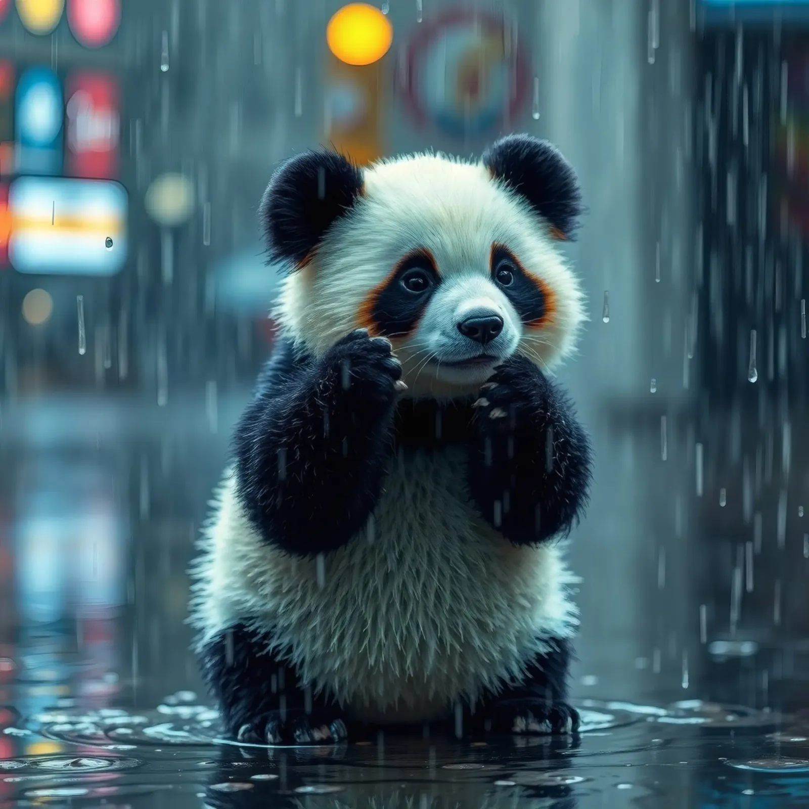 Un simpatico panda si gode la pioggia in piedi in una pozzanghera pellicola backlit da DesignDoodle