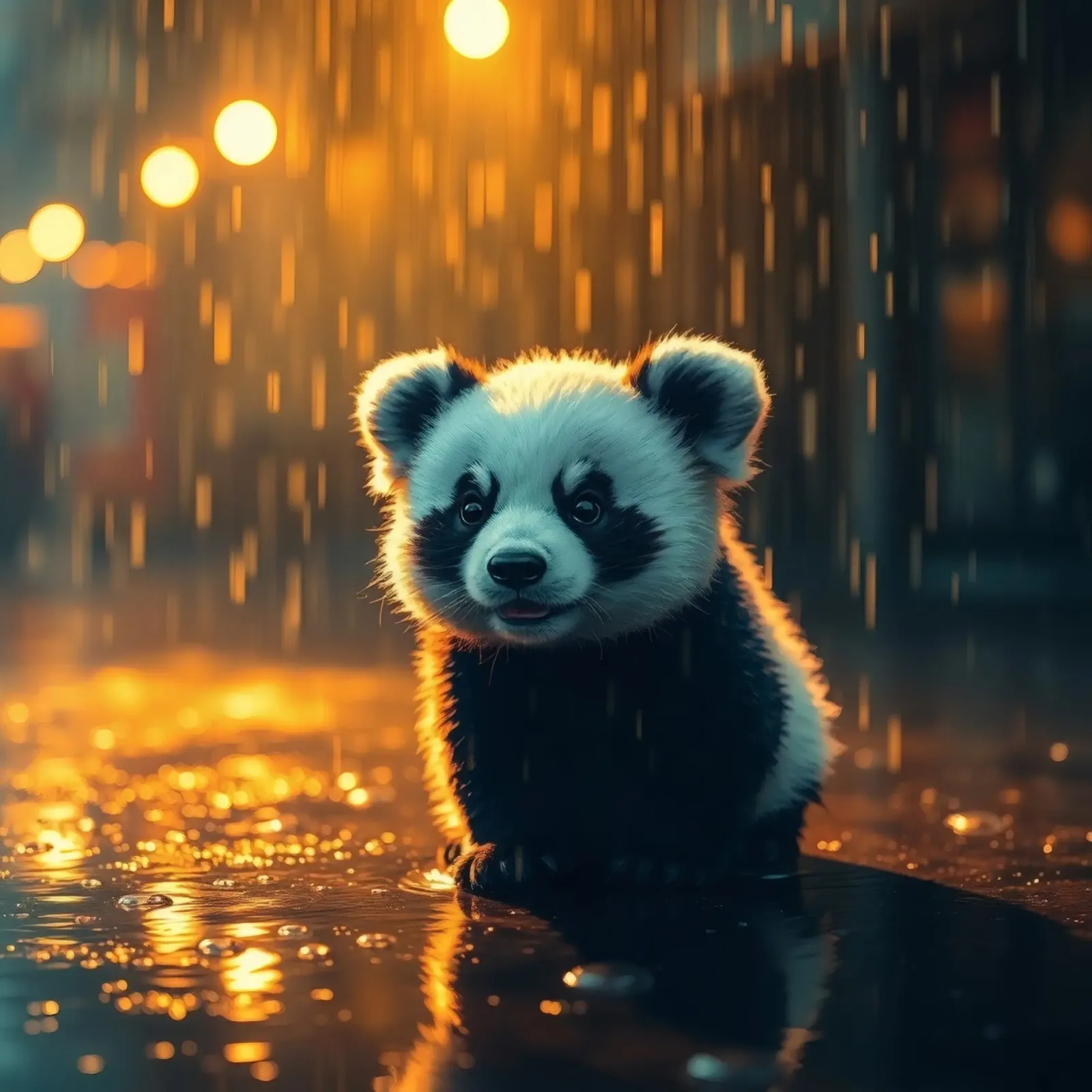 Un tenero cucciolo di panda siede sotto la pioggia al crepuscolo pellicola backlit da DesignDoodle