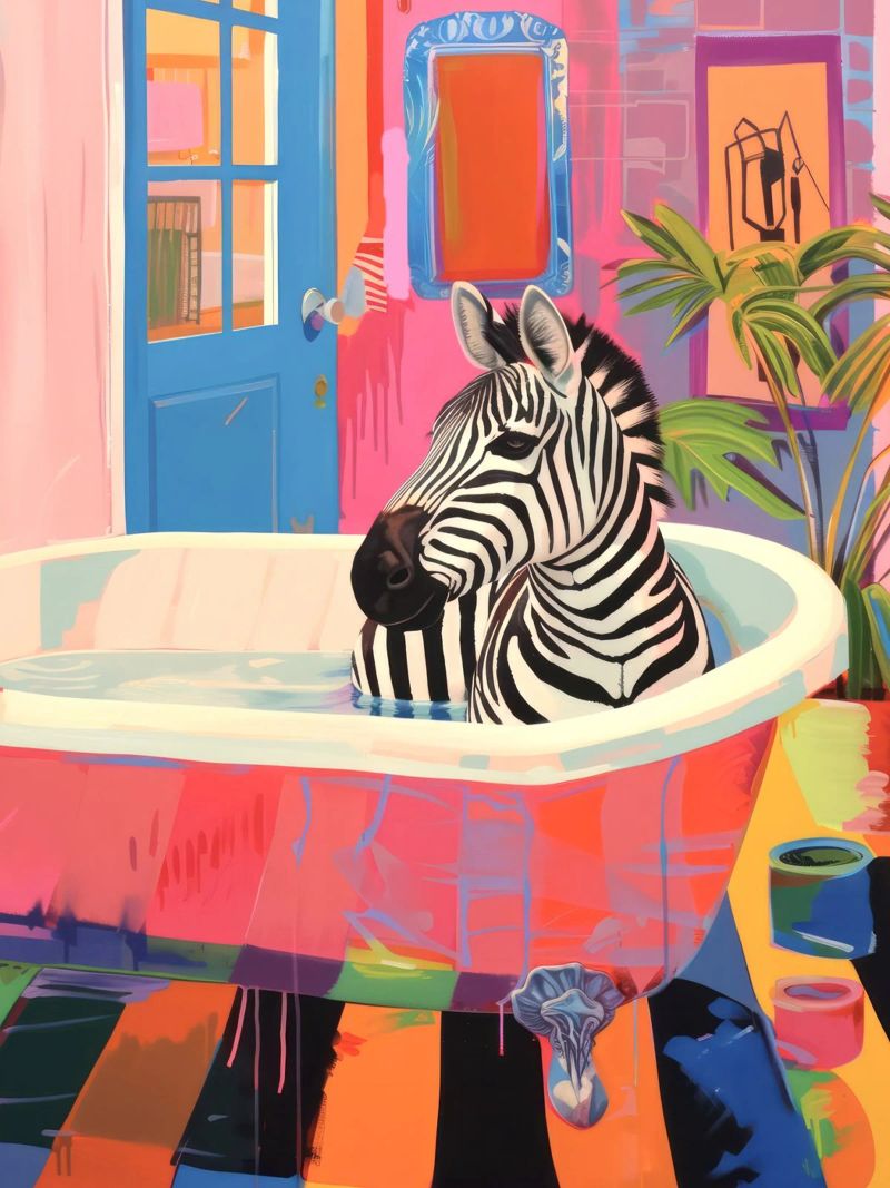 Zebra in un bagno, bagno massimalista poster da Peaches Art Prints