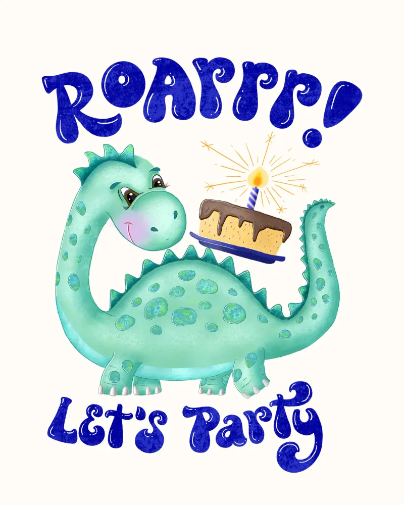 Dinosaur with birthday cake. Roarrr. Let's party. canvas with Floater frame by CalliLetters