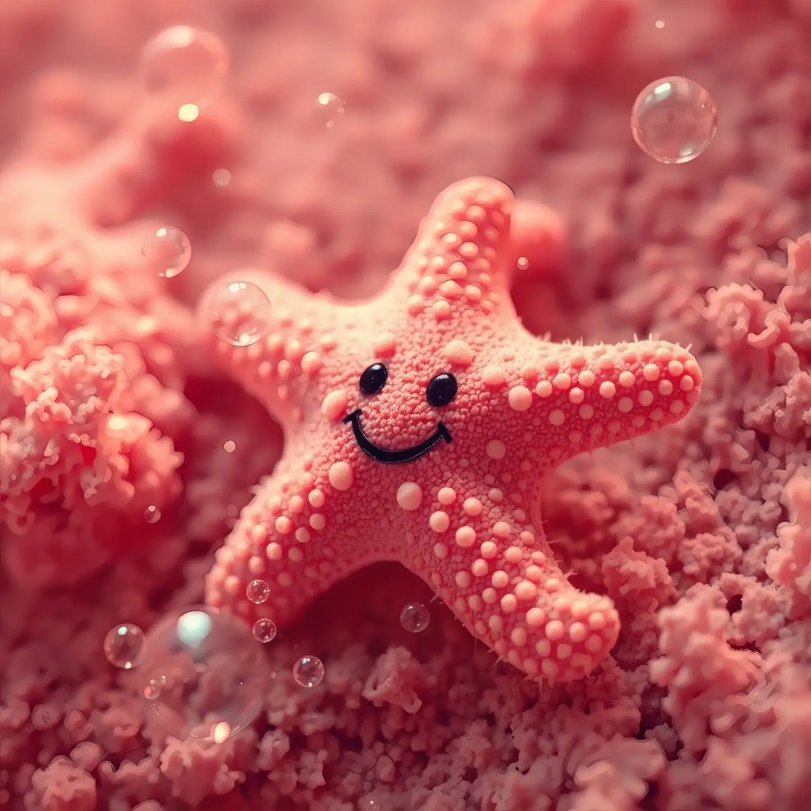 Bright coral starfish with a smiling face resting on pink canvas by DesignDoodle