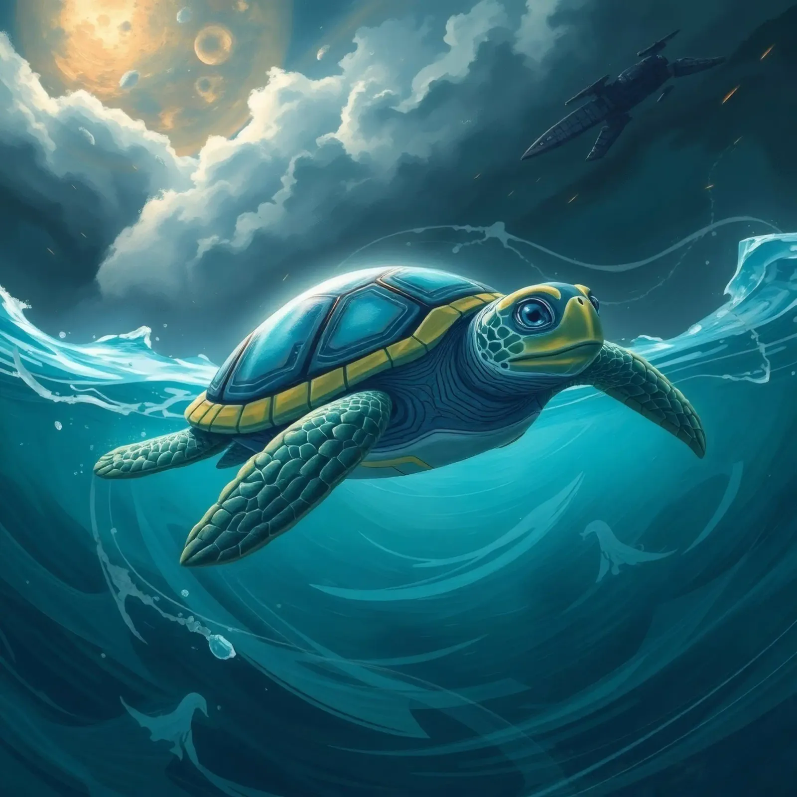 Meeresschildkröte gleitet durch pulsierendes Wasser Hahnemühle von DesignDoodle