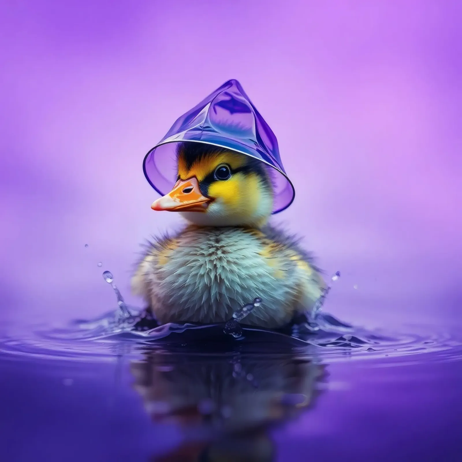Un simpatico anatroccolo spruzza acqua indossando un piccolo cappello viola pellicola backlit da DesignDoodle