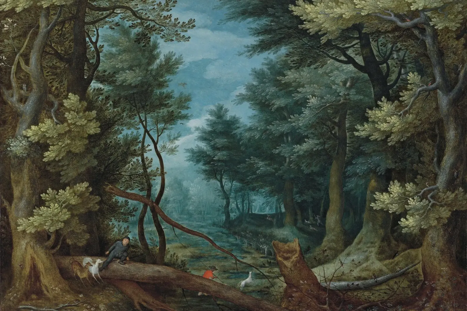Un paesaggio forestale con cacciatori che inseguono un cervo alluminio dibond da Timeless Artworks