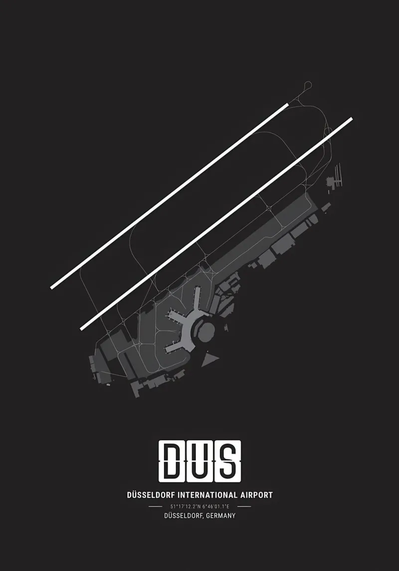 Mappa dell'aeroporto di Dusseldorf poster con telaio in legno da Christopher Adams