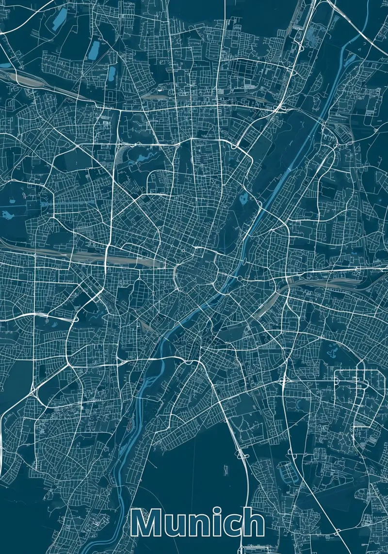 Mappa della città di Monaco poster con telaio in alluminio da Christopher Adams