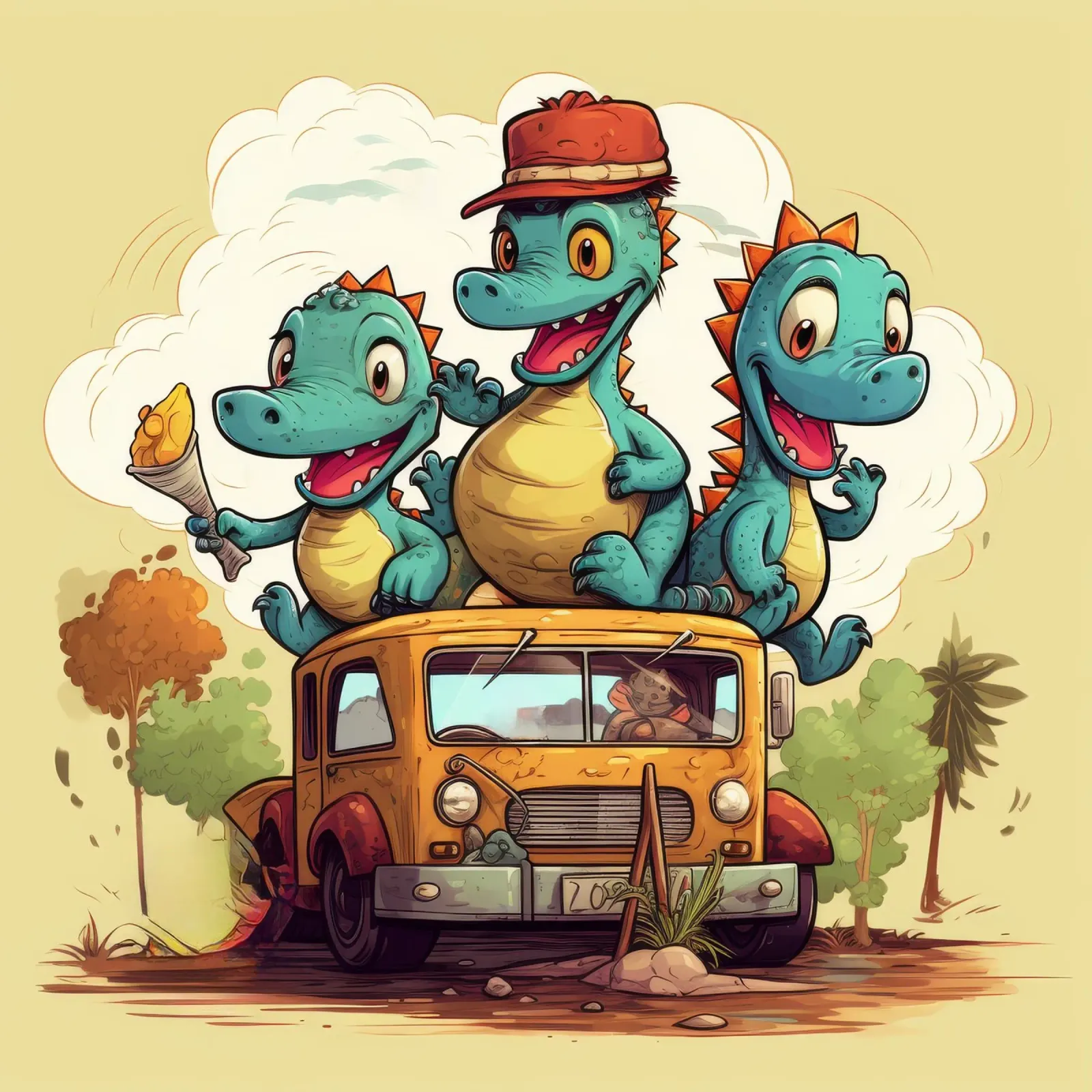 Gang di dinosauri retrò poster con telaio in legno da Funny Animals
