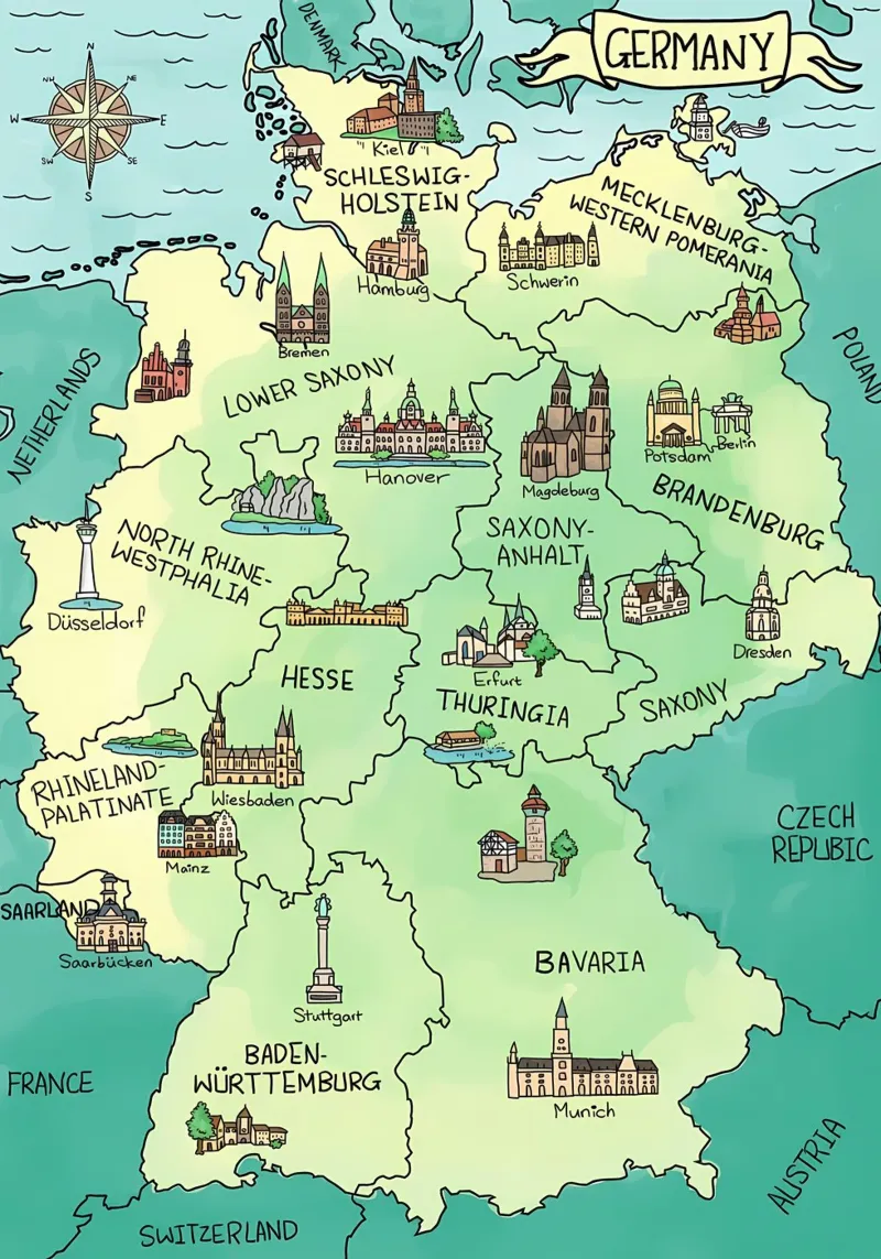 Mappa della Germania ad acquerello (versione inglese) poster con telaio in legno da Christopher Adams