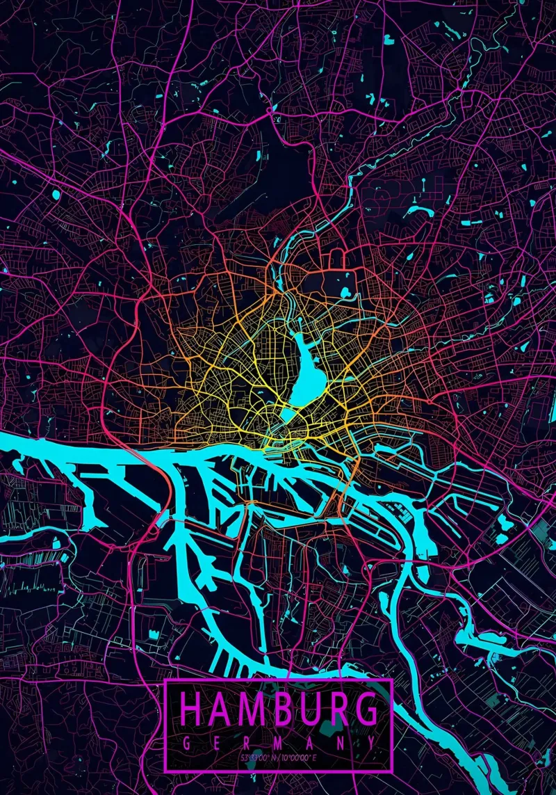 Hamburg City Map Neon hahnemühle by Christopher Adams