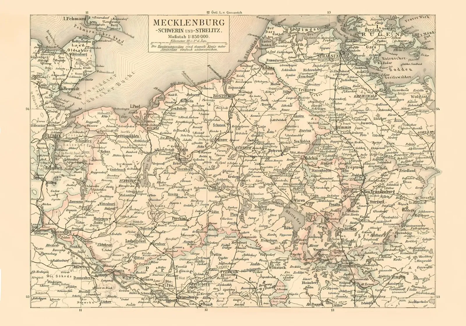 Mappa d'epoca Mecklenburg poster con telaio in alluminio da Christopher Adams