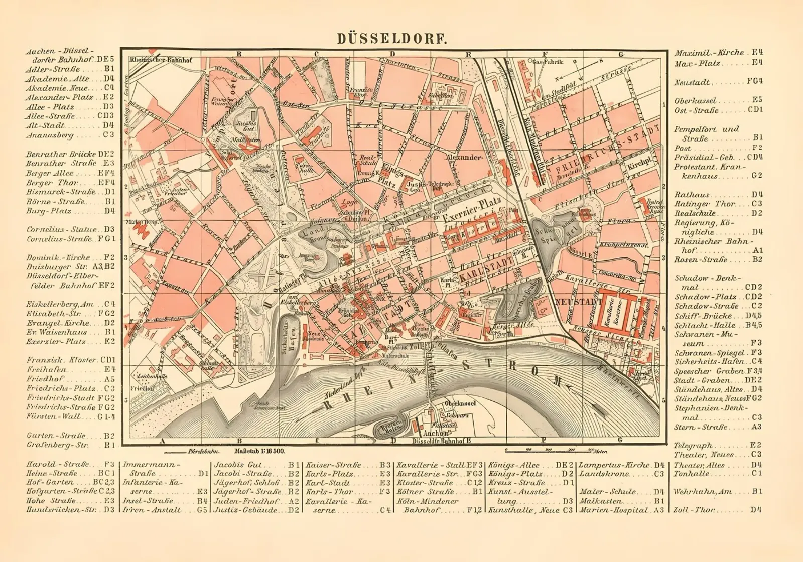 Mappa d'epoca di Duesseldorf poster con telaio in legno da Christopher Adams