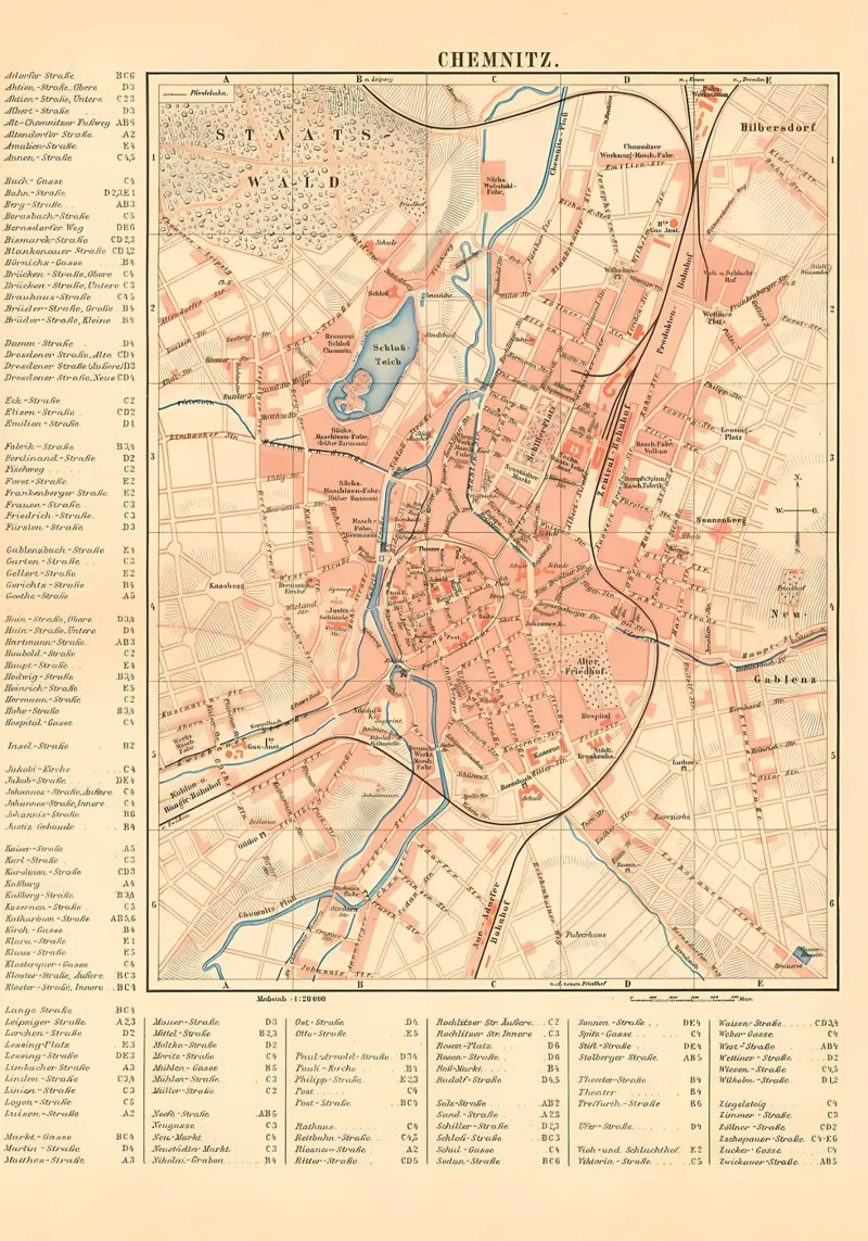 Mappa d'epoca Chemnitz 19 secolo poster con telaio in alluminio da Christopher Adams