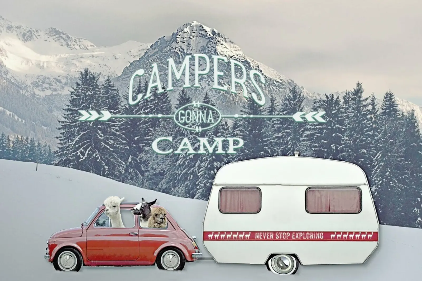 Never Stop Exploring Winter Camping poster con telaio in alluminio da Monika Strigel