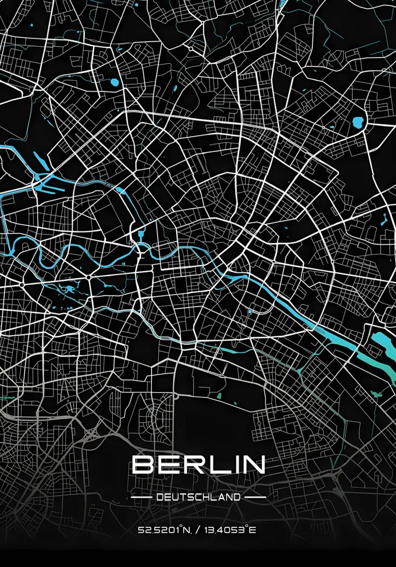 Mappa stradale di Berlino poster con telaio in legno da Christopher Adams
