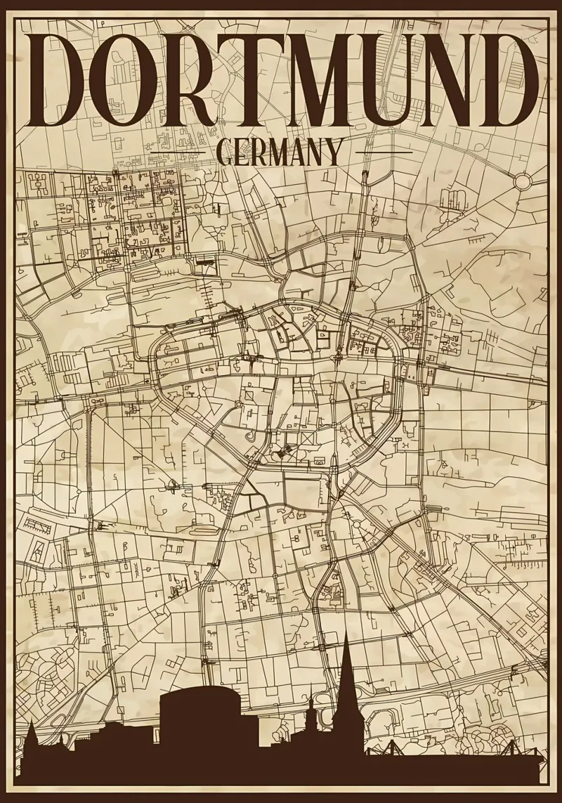 Mappa Dortmund Skyline poster con telaio in legno da Christopher Adams