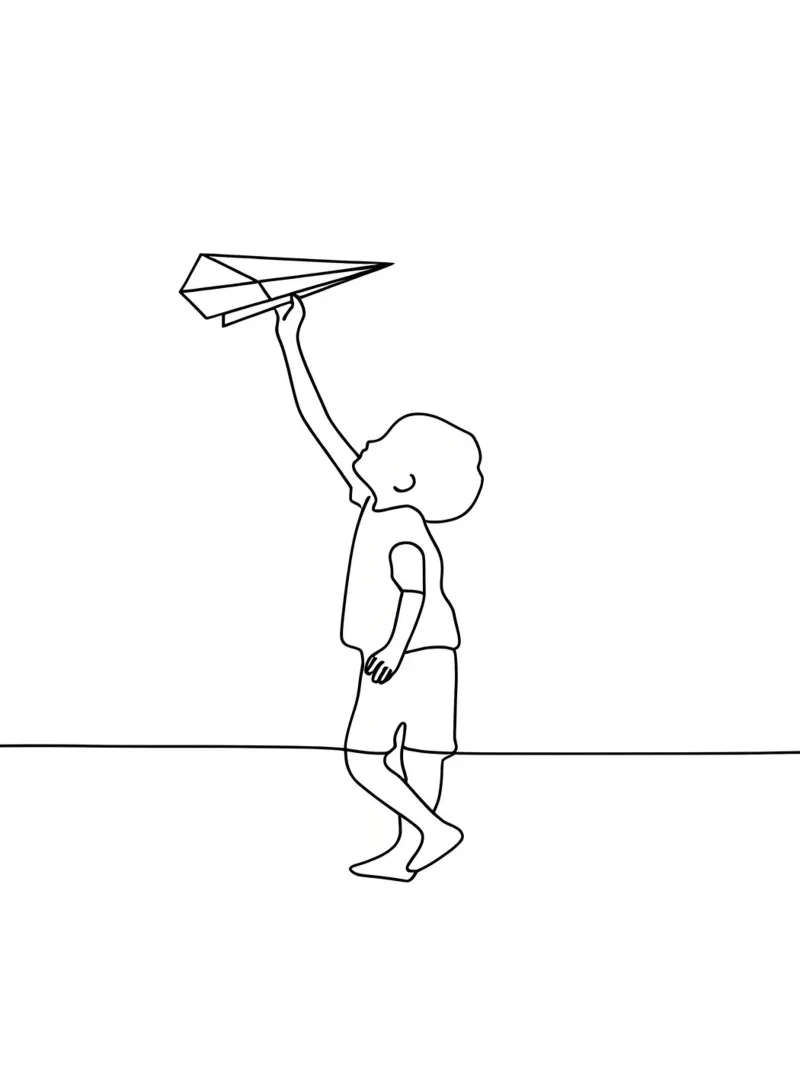 Kind met vliegtuig - Minimalistische lijntekening poster met aluminium frame van Viv Line Art