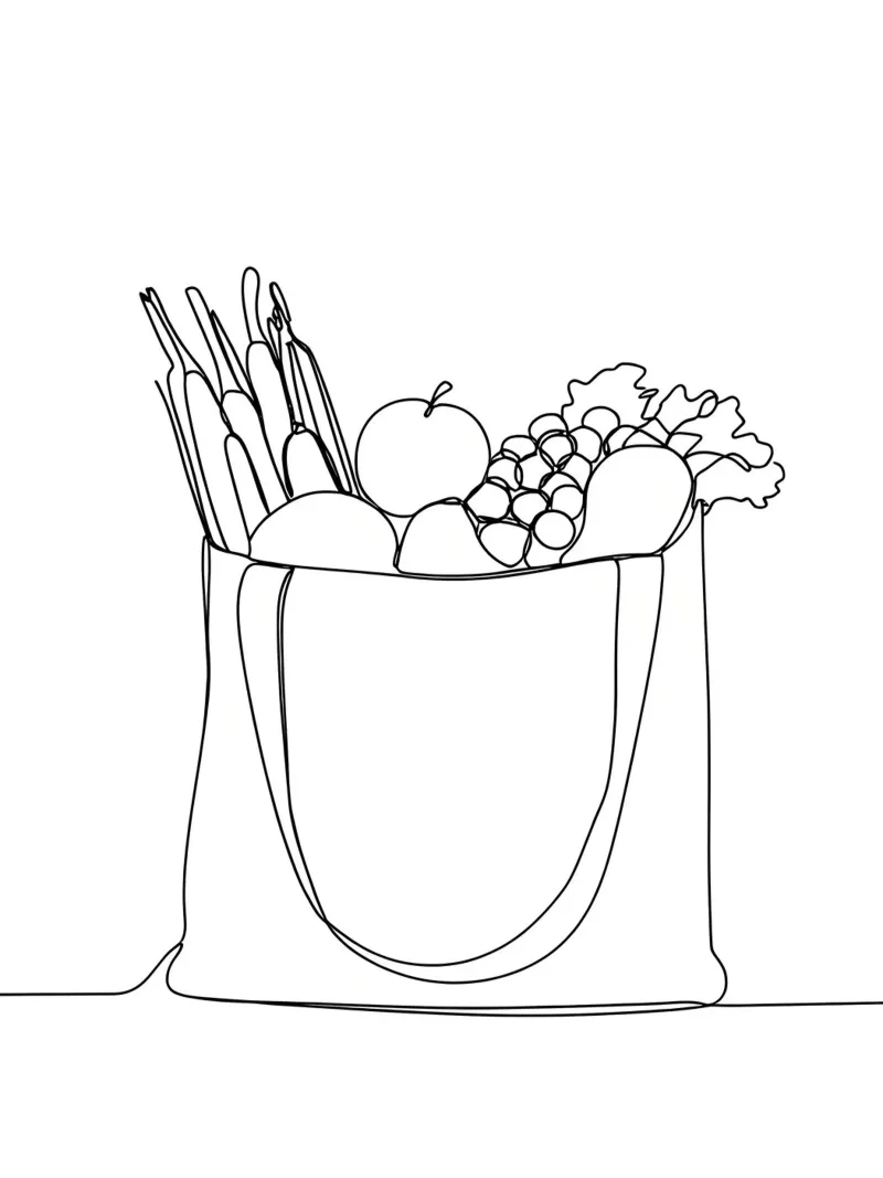 Frutta e verdura in una borsa della spesa - Line Art minimalista pellicola backlit da Viv Line Art