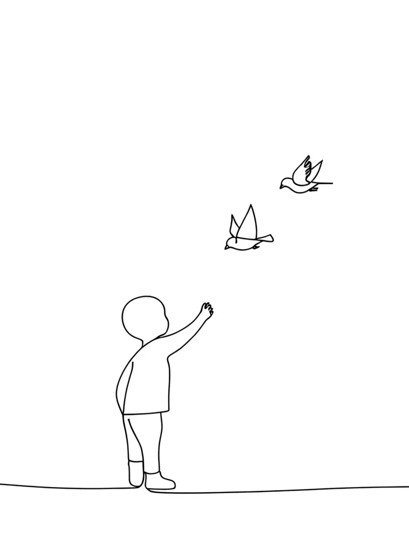Bambino con uccelli - Disegno lineare minimalista poster con telaio in legno da Viv Line Art