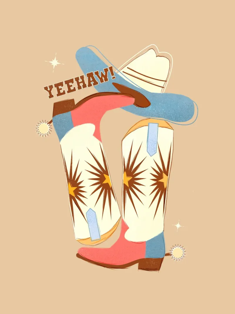 Retro "Yeehaw!" Cowboy Boots Art Print plexiglass da showmemars