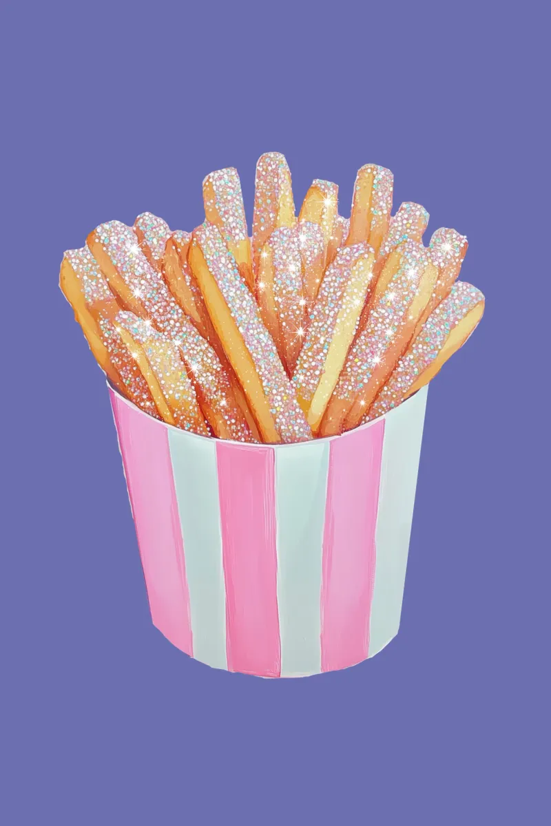 Patatine fritte scintillanti in tazza a righe rosa pellicola backlit da Melloi Art Print
