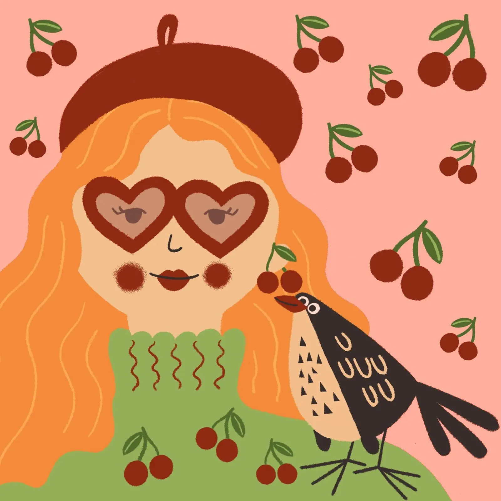 Frau mit Kirschen Herzsonnenbrille Vogel bunte Illustration poster with aluminum frame by incomeforcreatives