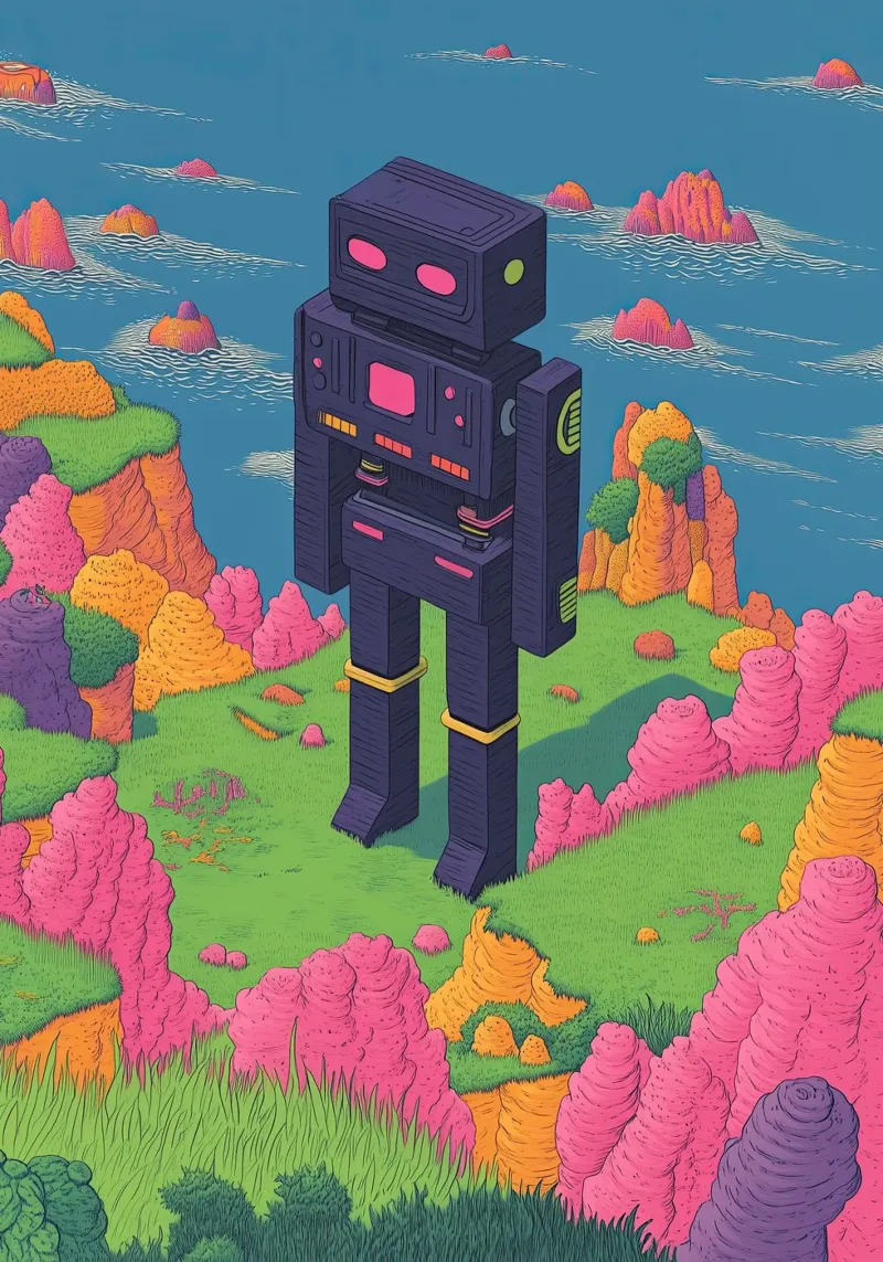 Disegno lineare di robot retrò Pastelli surreali - Pop Art pellicola backlit da Kaji