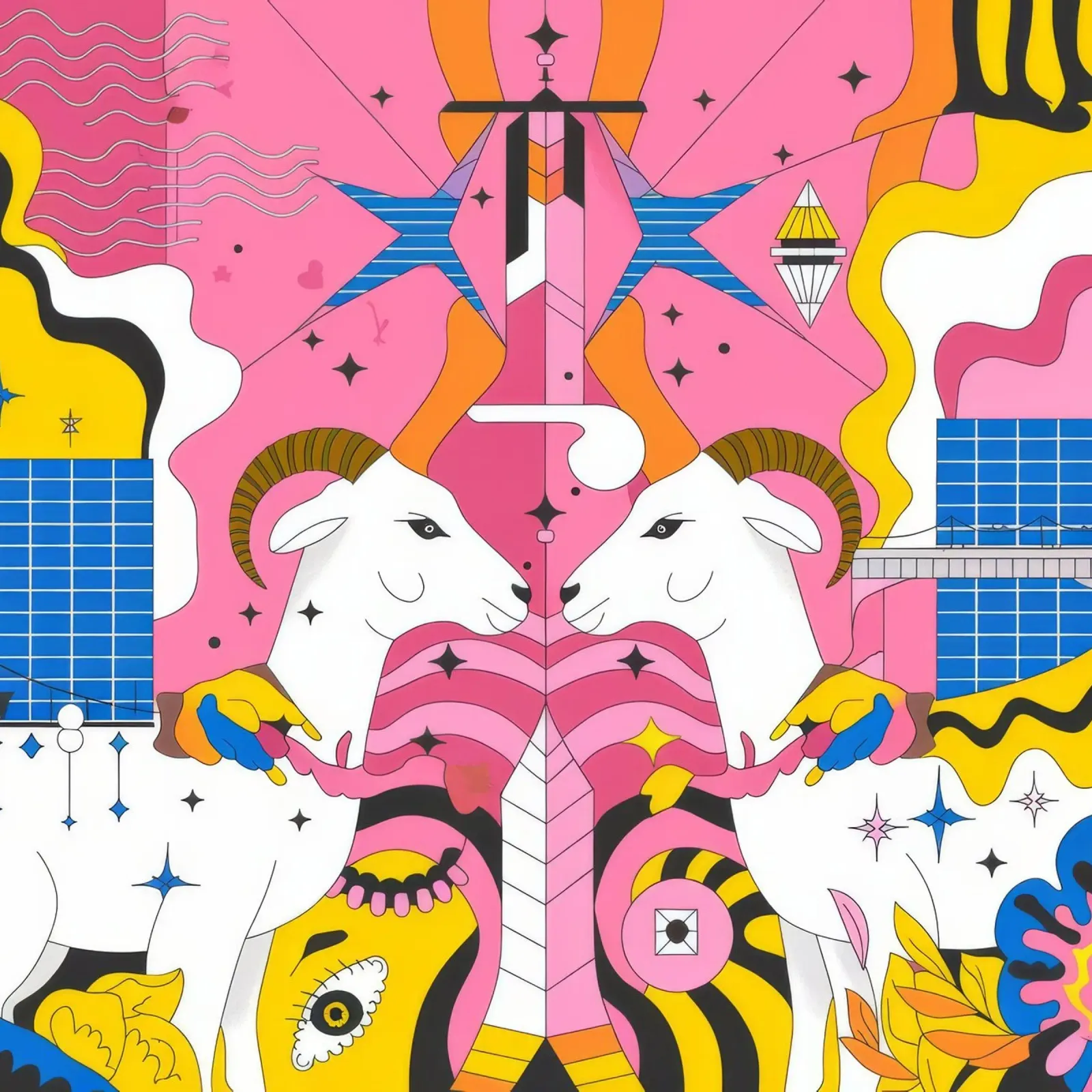 Fantasia di capre colorate poster con telaio in alluminio da Emery Kate