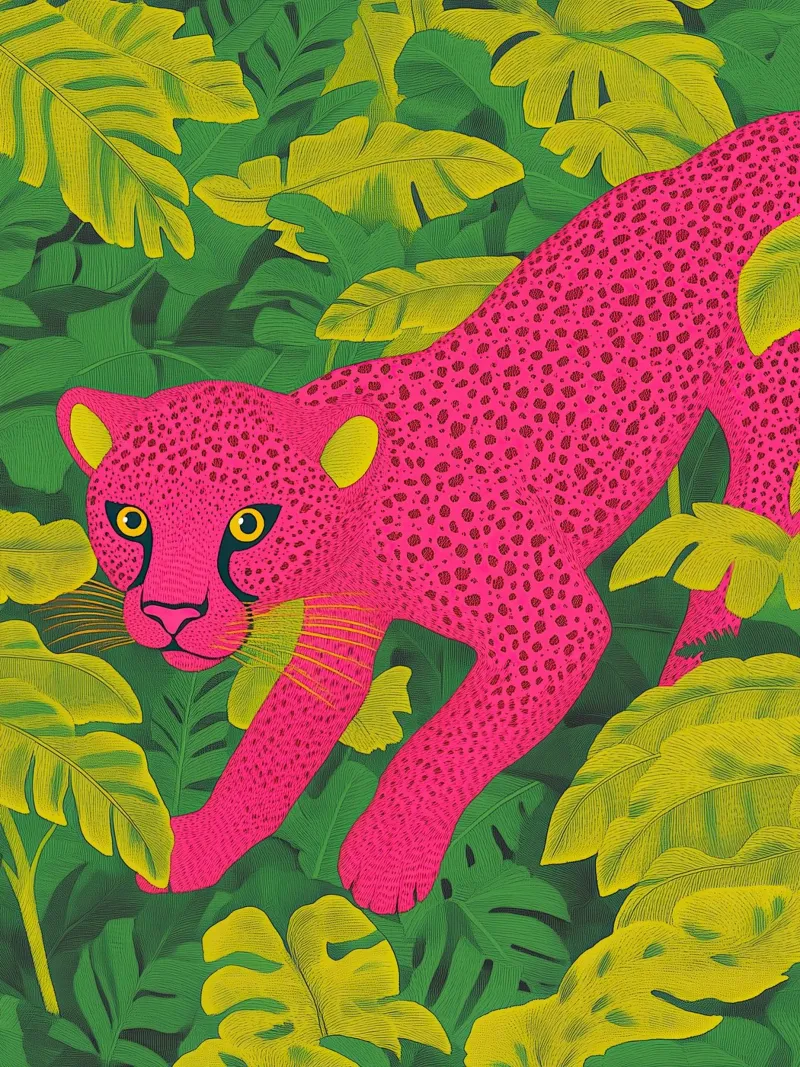 Ghepardo rosa in una foresta tropicale - Un elegante safari pop art poster da Kaji