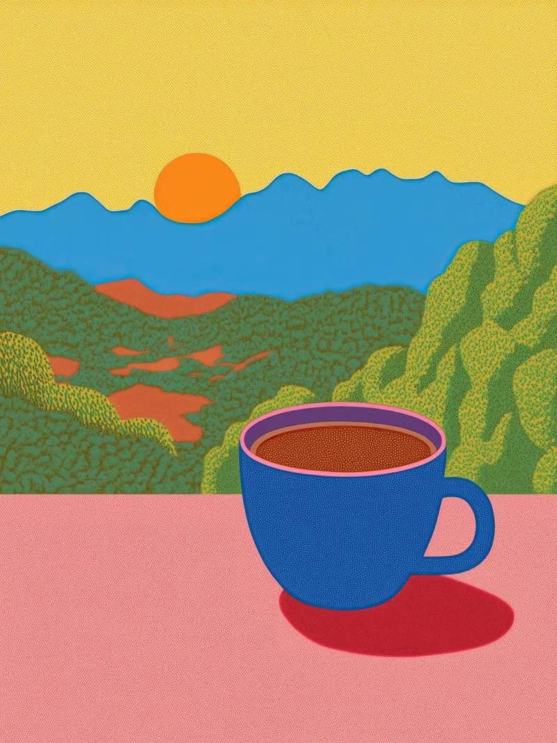 Caffè all'alba: Vista pastello sulle Blue Mountains - Accogliente Pop Art poster da Kaji