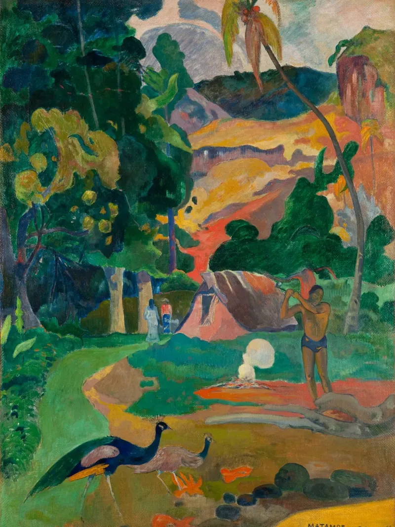 Paul Gauguin - Paesaggio con pavoni poster con telaio in legno da Timeless Artworks