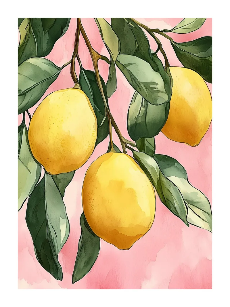 Watercolour lemons on a pink background hahnemühle by Spice & Style