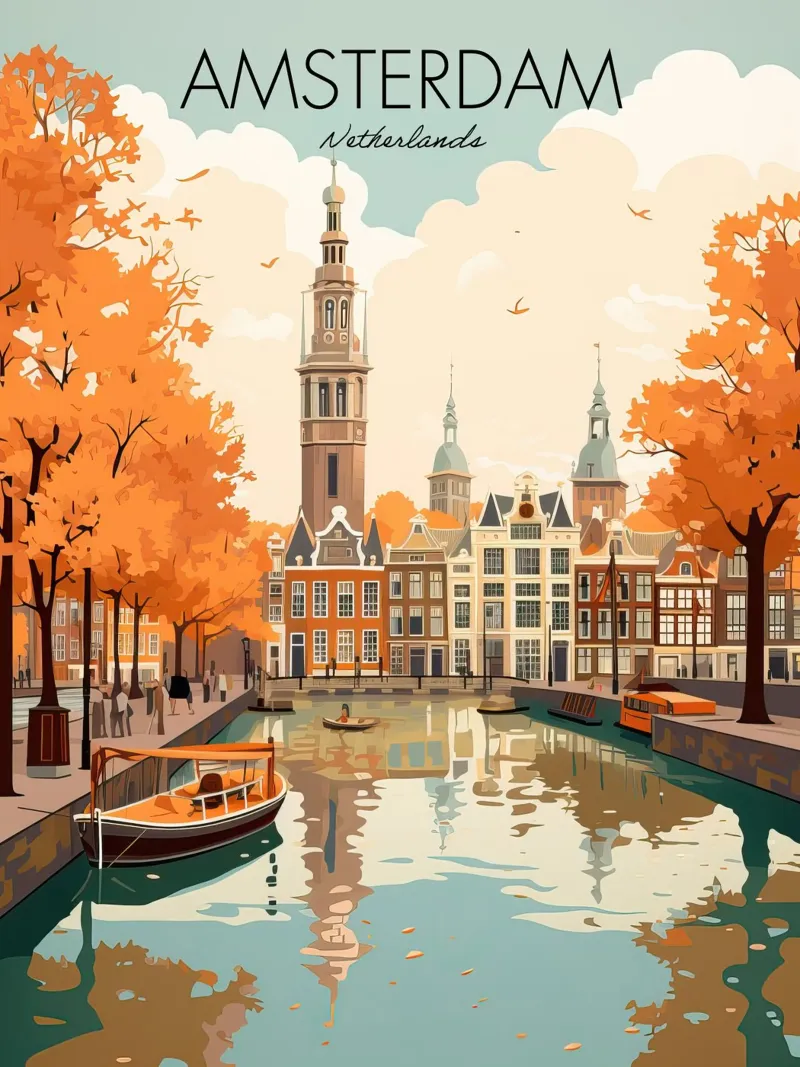 Amsterdam, Nederland, oude reisposter, uitzicht op de grachten canvas met Baklijst van Peaches Art Prints