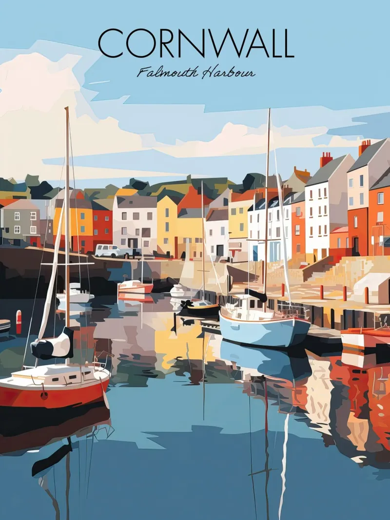 Cornovaglia, Inghilterra, Porto di Falmouth Barche Viaggio d'epoca poster con telaio in plastica da Peaches Art Prints