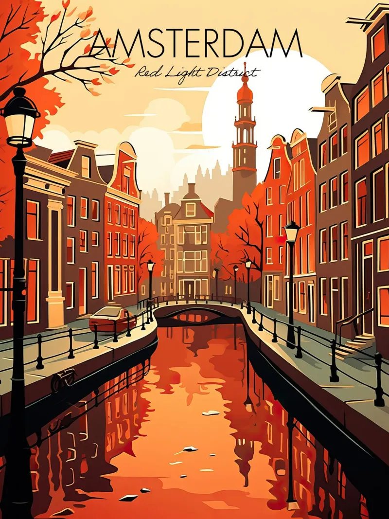 Amsterdam, Niederlande, Rotlichtviertel, Reiseplakat Poster von Peaches Art Prints