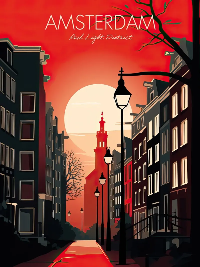 Amsterdam,Netherlands, Red Light District at Night canvas with Floater frame by Peaches Art Prints