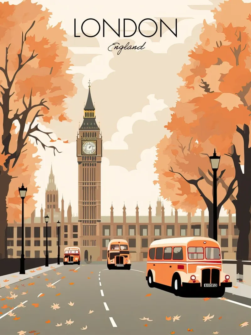 Londra, Inghilterra, Big Ben, Autunno Viaggio d'epoca poster con telaio in legno da Peaches Art Prints