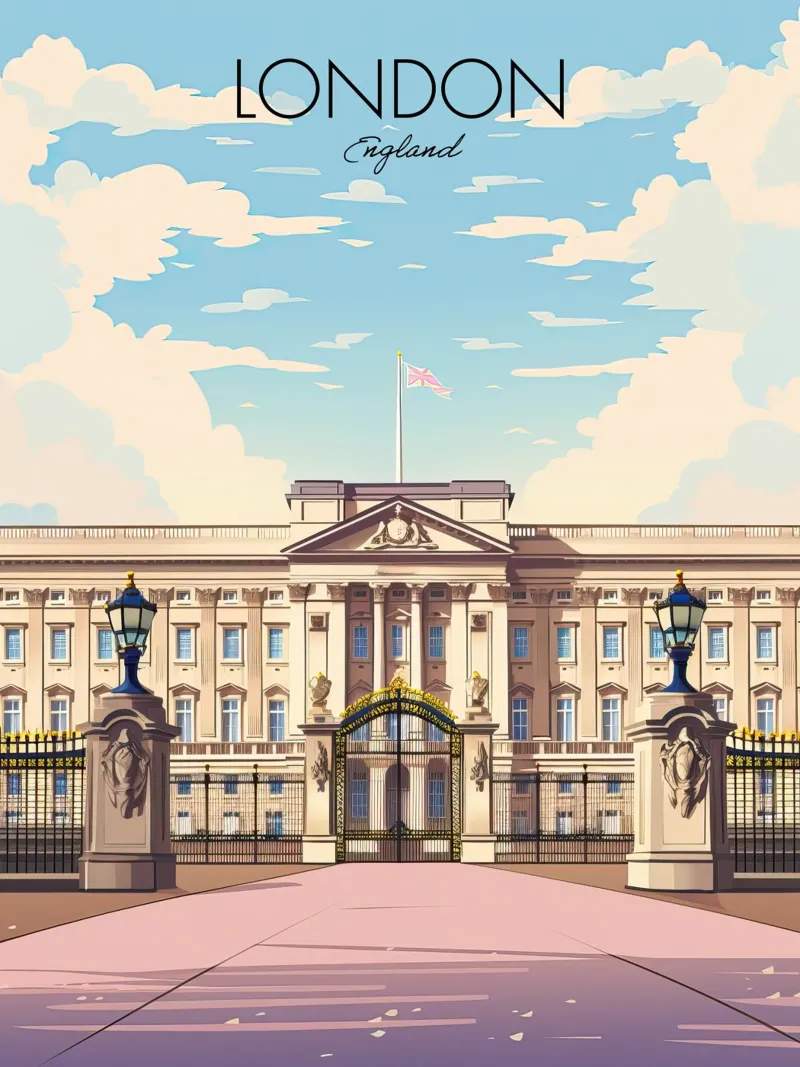 Buckingham, Palace, Londra, Inghilterra Viaggio d'epoca poster con telaio in alluminio da Peaches Art Prints