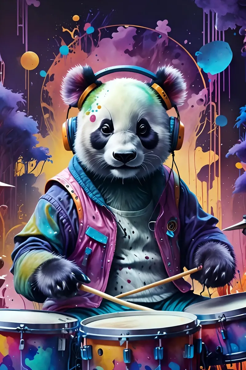 Panda suona la batteria poster con telaio in alluminio da PosterOK