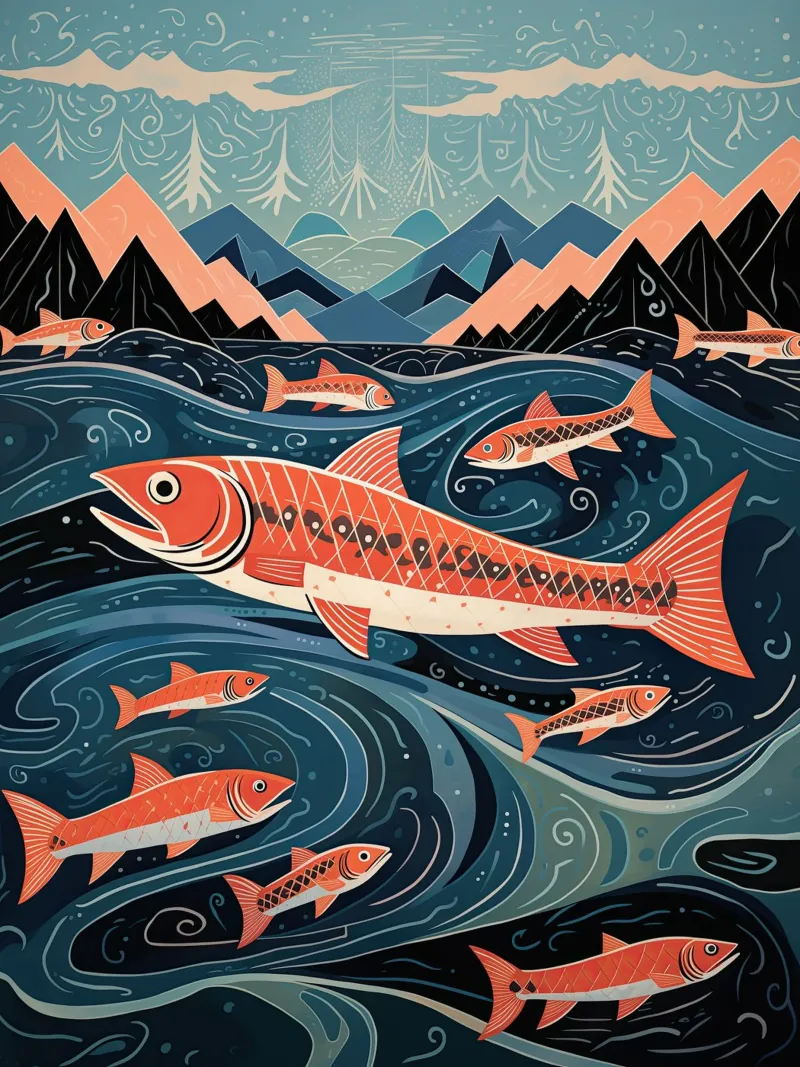 Maritime fantasy with lots of fish | Printmaking canvas with Floater frame by Autofocus