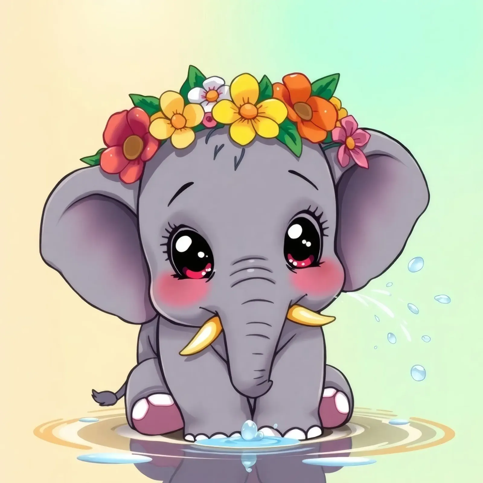 Mignon bébé éléphant avec des fleurs assis dans l'eau en train de profiter hahnemühle de DesignDoodle