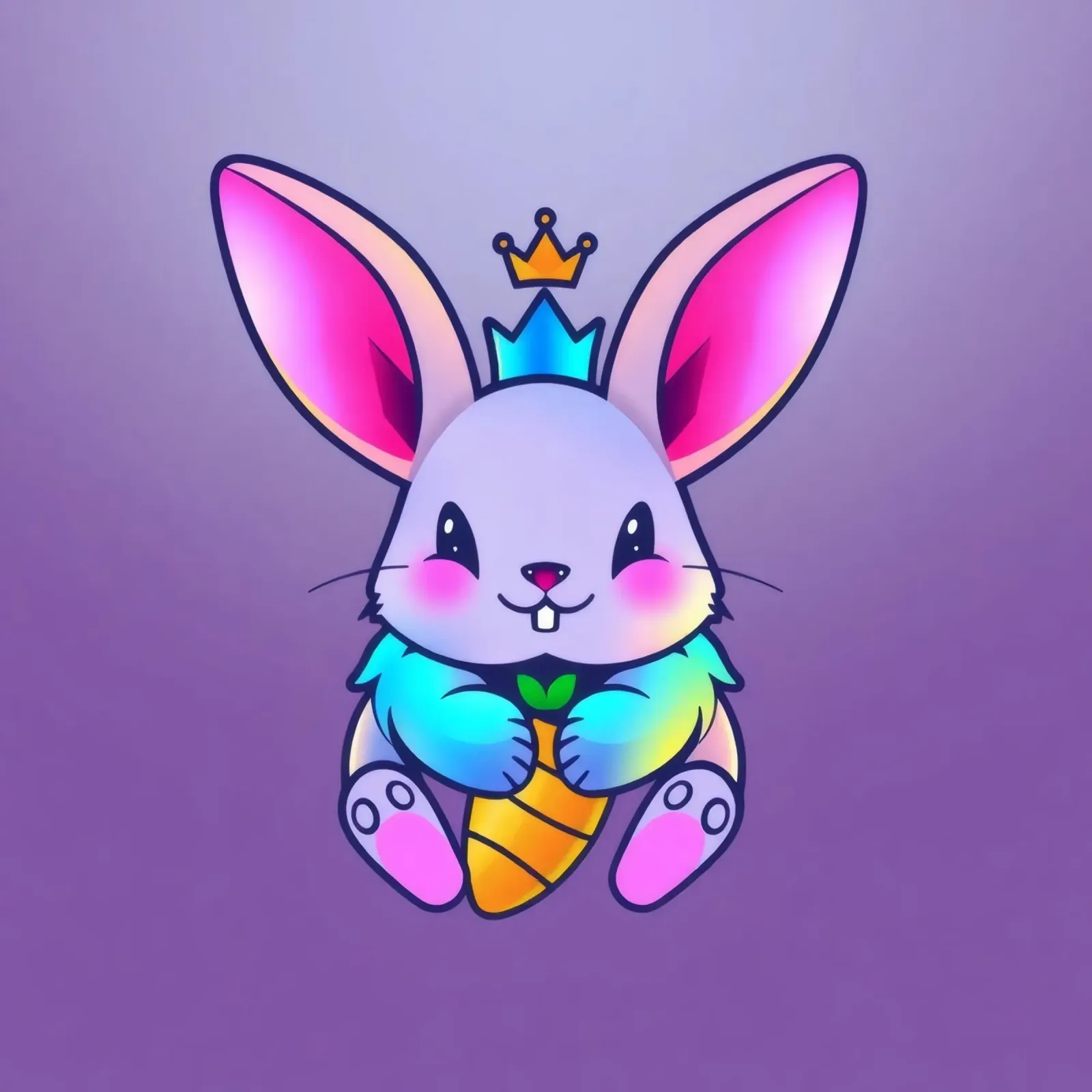 coniglio a cartoni animati con corona e carota su un vivace sfondo viola pellicola backlit da DesignDoodle