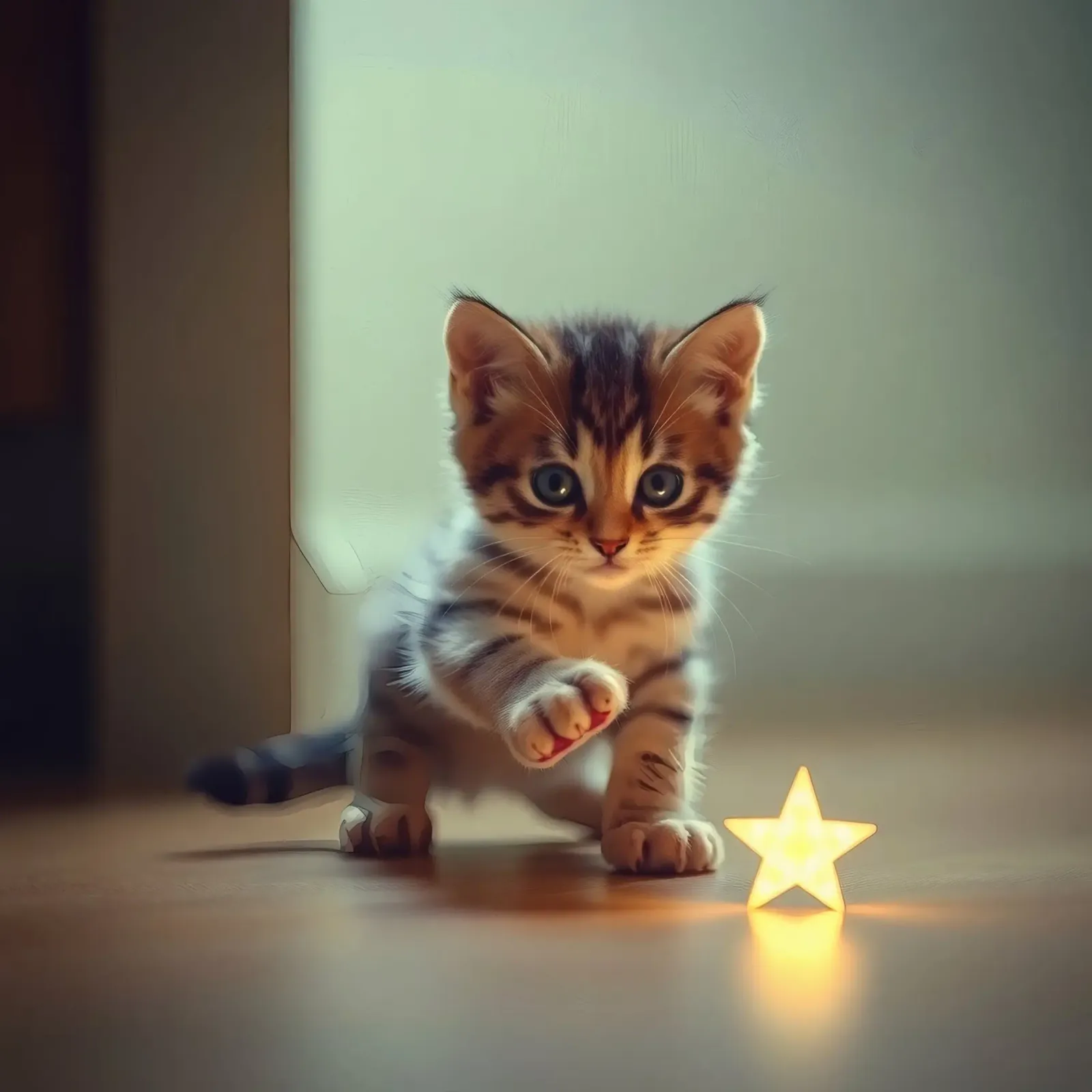 Un gattino giocherellone interagisce curiosamente con una stella luminosa decorata. pellicola backlit da DesignDoodle