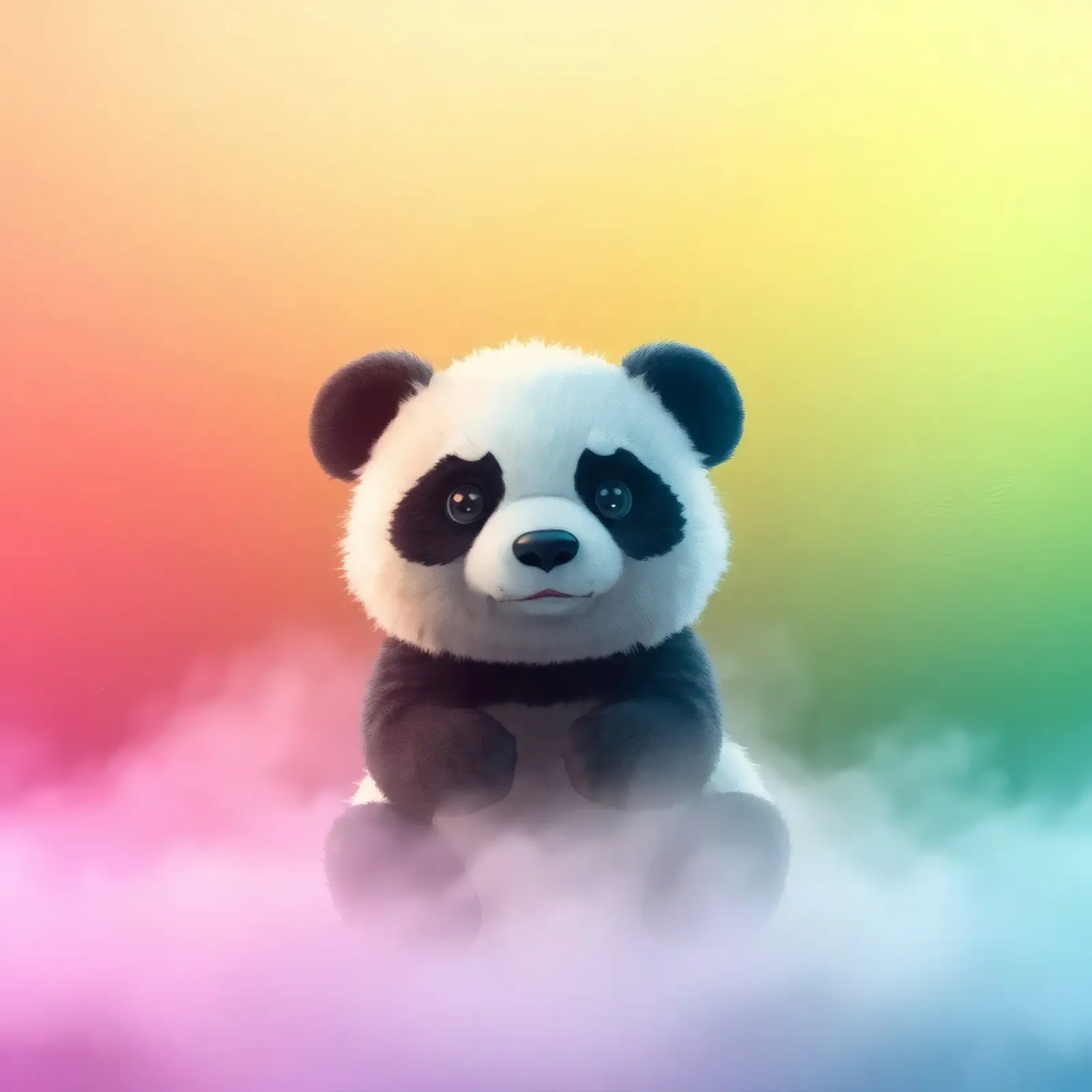 Cute panda sitting on colorful clouds under vibrant rainbow canvas by DesignDoodle