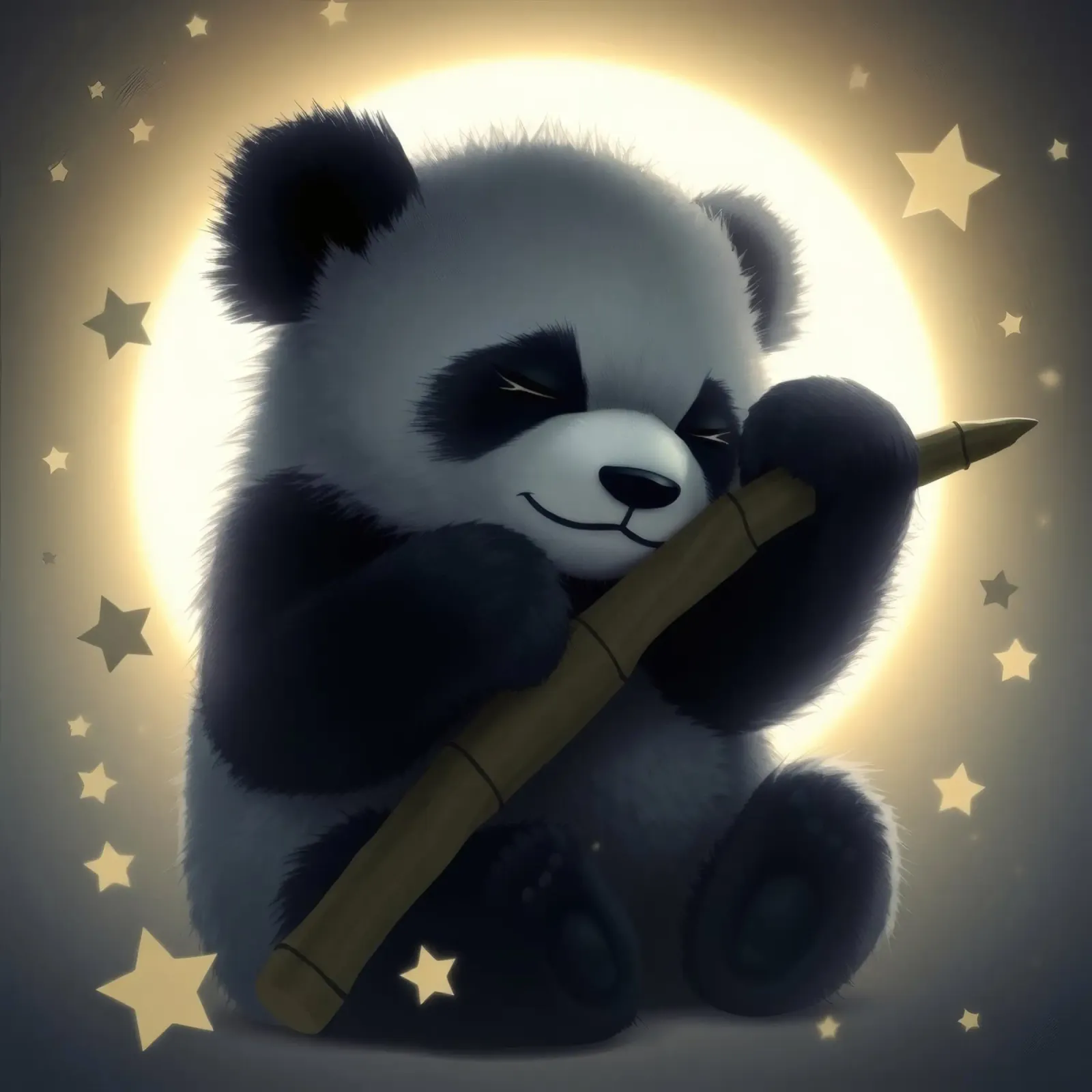 Cute panda playing bamboo flute under a glowing moon canvas by DesignDoodle