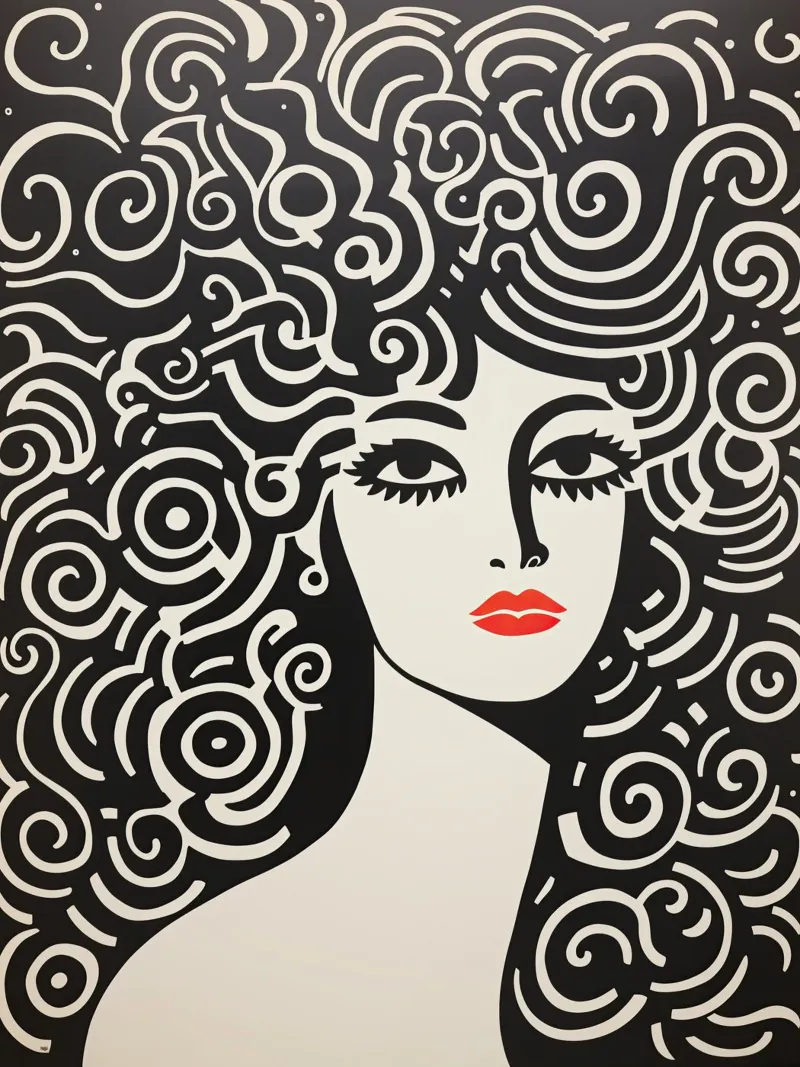 Vrouw met veel zwarte krullen | Kunstdruk canvas met Baklijst van Autofocus