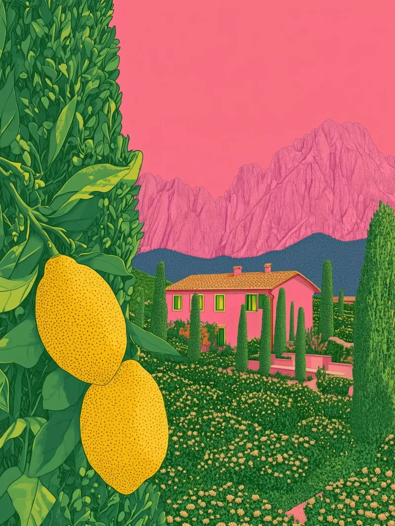 Lila Lebensmittel & Zitronen Pop-Art Sommer Toskana & Dolomiten Poster Poster von Kaji