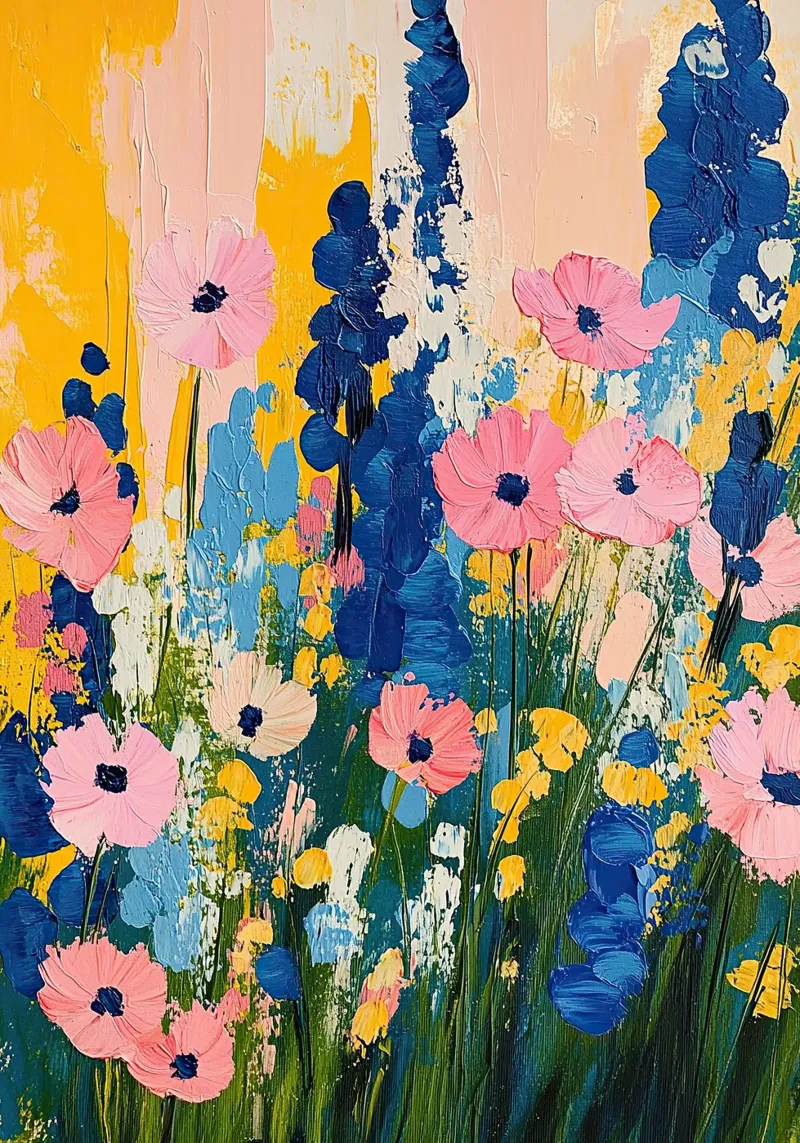 Fiori selvatici Fiori pittura rosa blu giallo poster con telaio in plastica da Nikis Art Studio