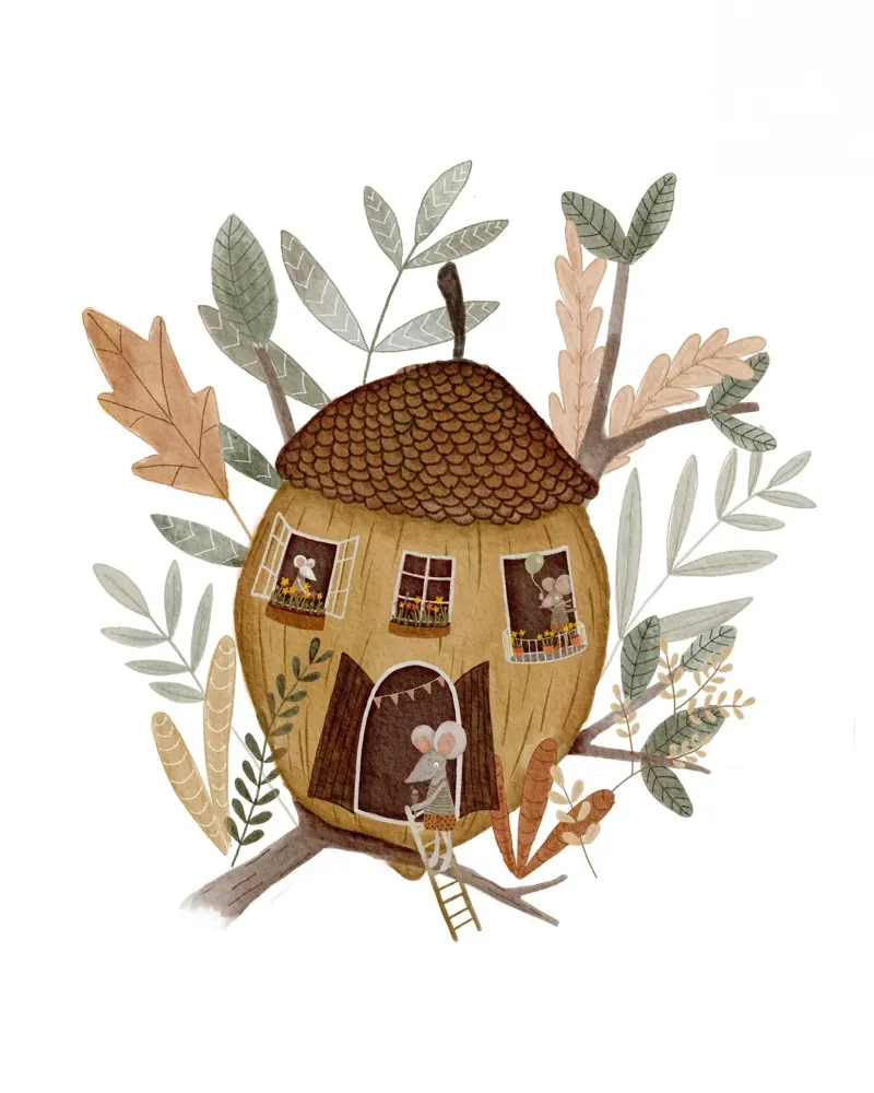 Casa della ghianda con topi poster con telaio in legno da Urchin Bay Art