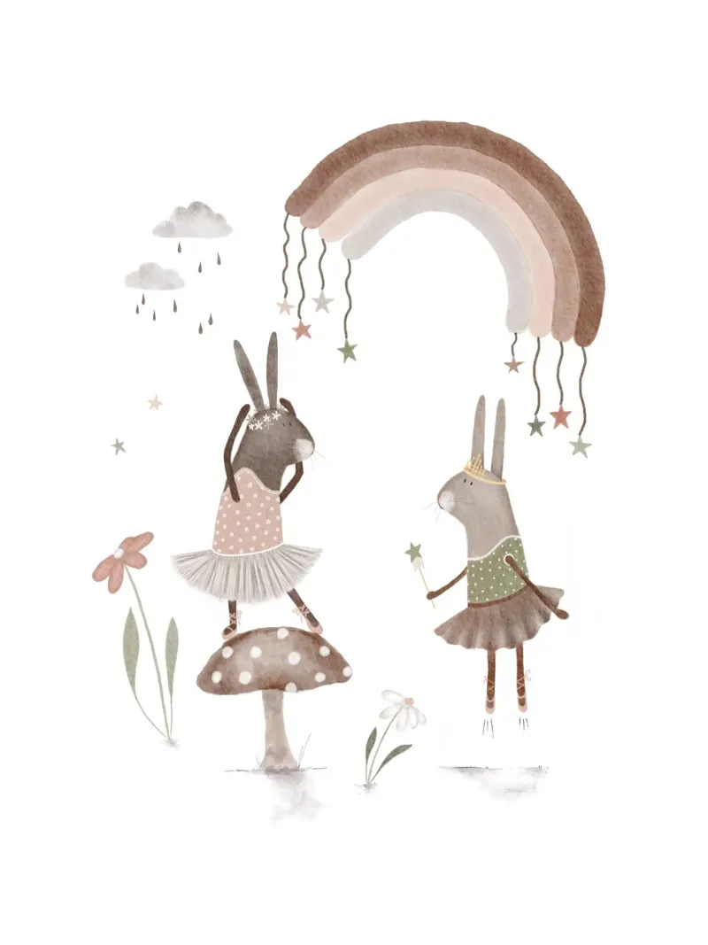 Ballerina Bunny Rabbits & Rainbow Illustration For Children poster by Urchin Bay Art